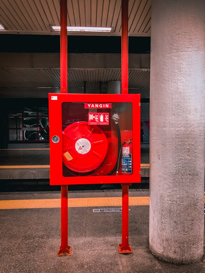 about-us Vibrant red fire hose reel stationed in an empty subway platform for safety preparedness.